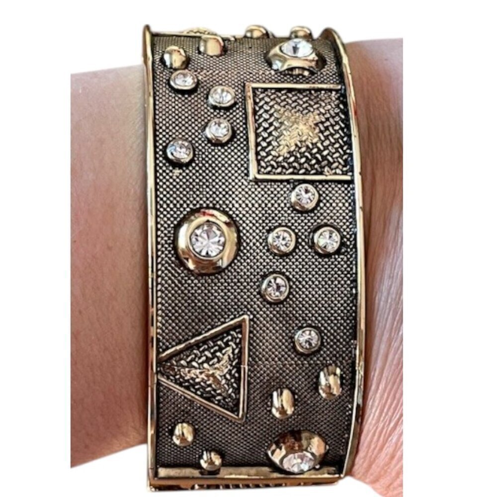 Gold Tone Cuff Rhinestone Geometric Pattern Spring Hinged Statement Bracelet - Picture 8 of 9